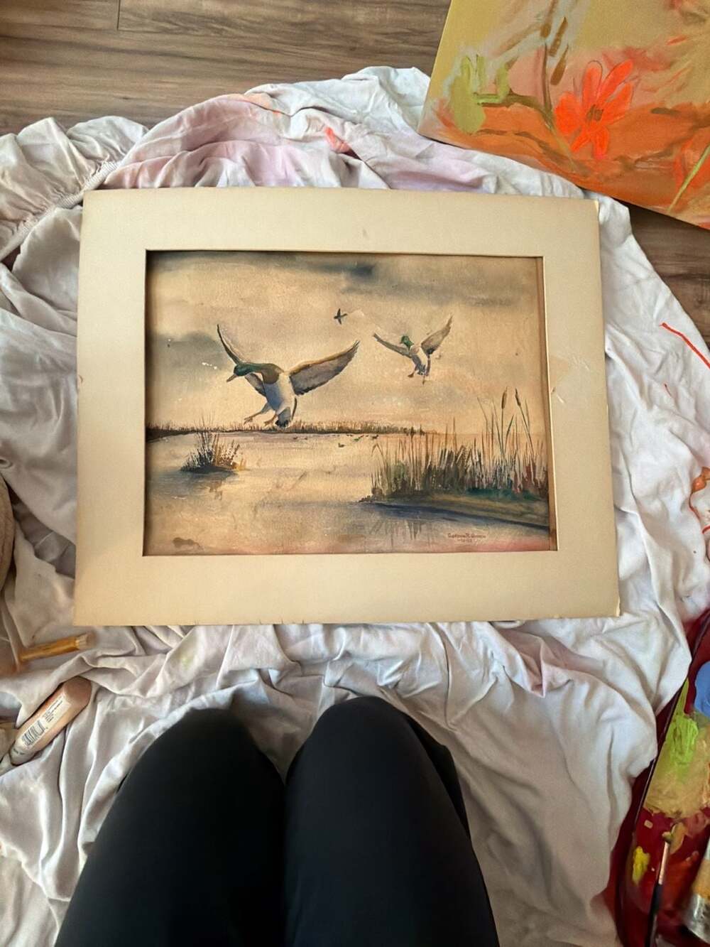 Gordon R. Green Signed Original Mallard Ducks in Flight Watercolor Painting